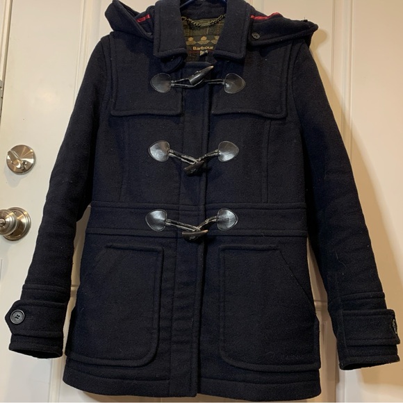 Barbour Vintage Buttermere Wool Toggle Hooded Duffle Coat Peacoat Size 6 - Picture 3 of 11